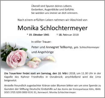 Traueranzeige von Monika Schlochtermeyer von Neue Osnabrücker Zeitung GmbH & Co. KG