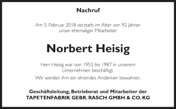 Traueranzeige von Norbert Heisig von Neue Osnabrücker Zeitung GmbH & Co. KG