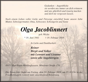 Traueranzeige von Olga Jacoblinnert von Neue Osnabrücker Zeitung GmbH & Co. KG