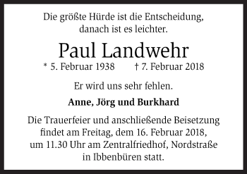 Traueranzeige von Paul Landwehr von Neue Osnabrücker Zeitung GmbH & Co. KG