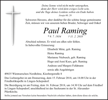 Traueranzeige von Paul Raming von Neue Osnabrücker Zeitung GmbH & Co. KG