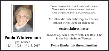 Traueranzeige von Paula Wintermann von Neue Osnabrücker Zeitung GmbH & Co. KG