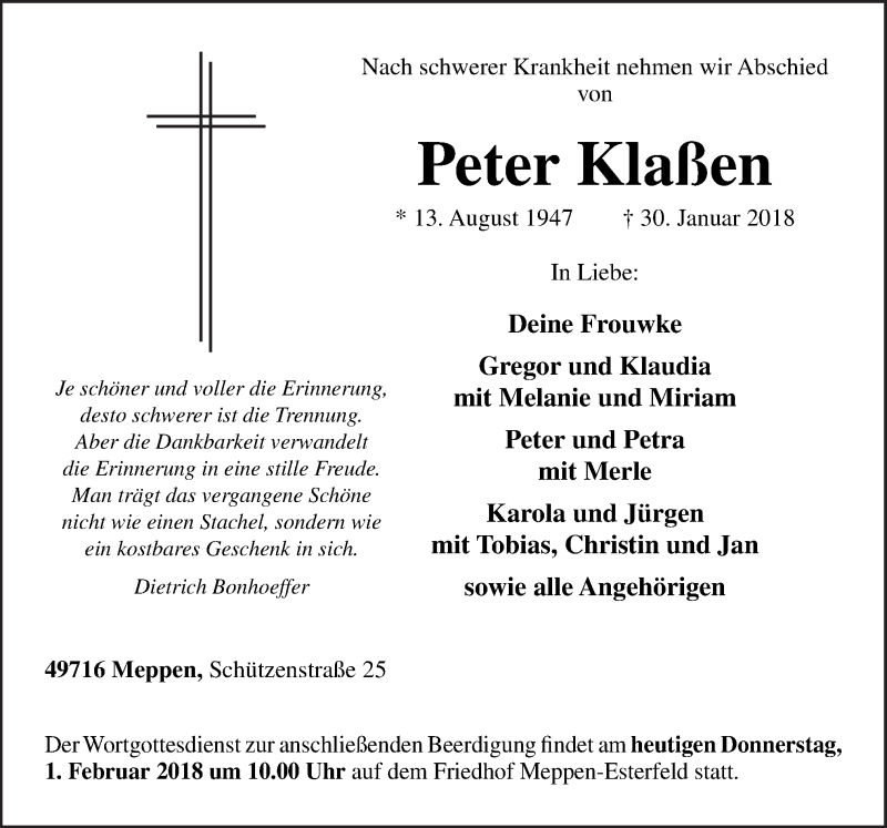  Traueranzeige für Peter Klaßen vom 01.02.2018 aus Neue Osnabrücker Zeitung GmbH & Co. KG