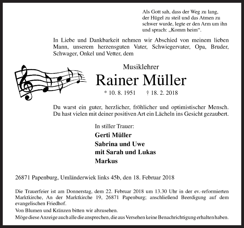  Traueranzeige für Rainer Müller vom 20.02.2018 aus Neue Osnabrücker Zeitung GmbH & Co. KG