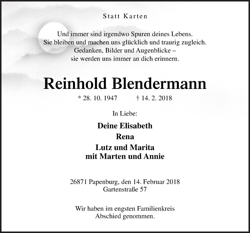  Traueranzeige für Reinhold Blendermann vom 23.02.2018 aus Neue Osnabrücker Zeitung GmbH & Co. KG