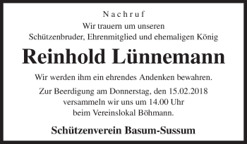 Traueranzeige von Reinhold Lünnemann von Neue Osnabrücker Zeitung GmbH & Co. KG