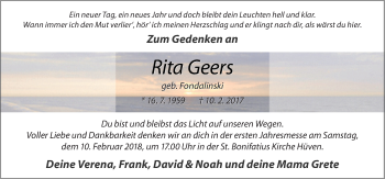 Traueranzeige von Rita Geers von Neue Osnabrücker Zeitung GmbH & Co. KG