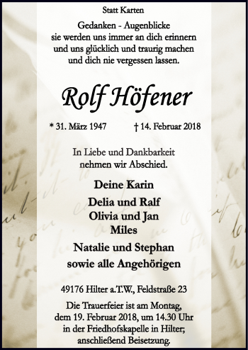Traueranzeige von Rolf Höfener von Neue Osnabrücker Zeitung GmbH & Co. KG