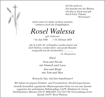 Traueranzeige von Rosel Walessa von Neue Osnabrücker Zeitung GmbH & Co. KG