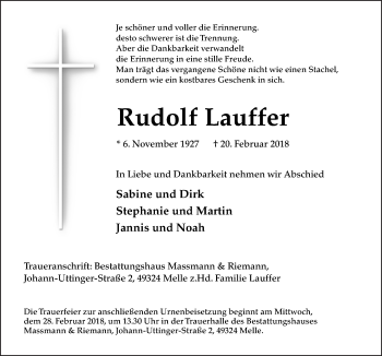 Traueranzeige von Rudolf Lauffer von Neue Osnabrücker Zeitung GmbH & Co. KG