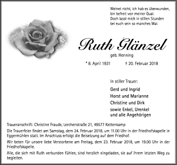 Traueranzeige von Ruth Glänzel von Neue Osnabrücker Zeitung GmbH & Co. KG