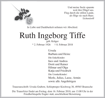 Traueranzeige von Ruth Ingeborg Tiffe von Neue Osnabrücker Zeitung GmbH & Co. KG