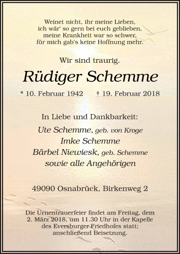 Traueranzeige von Rüdiger Schemme von Neue Osnabrücker Zeitung GmbH & Co. KG