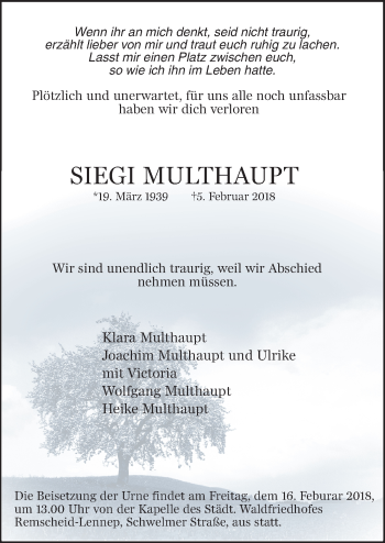 Traueranzeige von Siegi Multhaupt von Neue Osnabrücker Zeitung GmbH & Co. KG