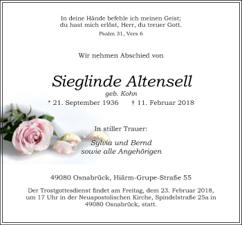 Traueranzeige von Sieglinde Altensell von Neue Osnabrücker Zeitung GmbH & Co. KG