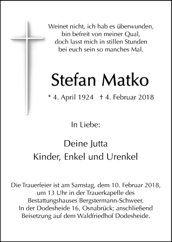 Traueranzeige von Stefan Matko von Neue Osnabrücker Zeitung GmbH & Co. KG