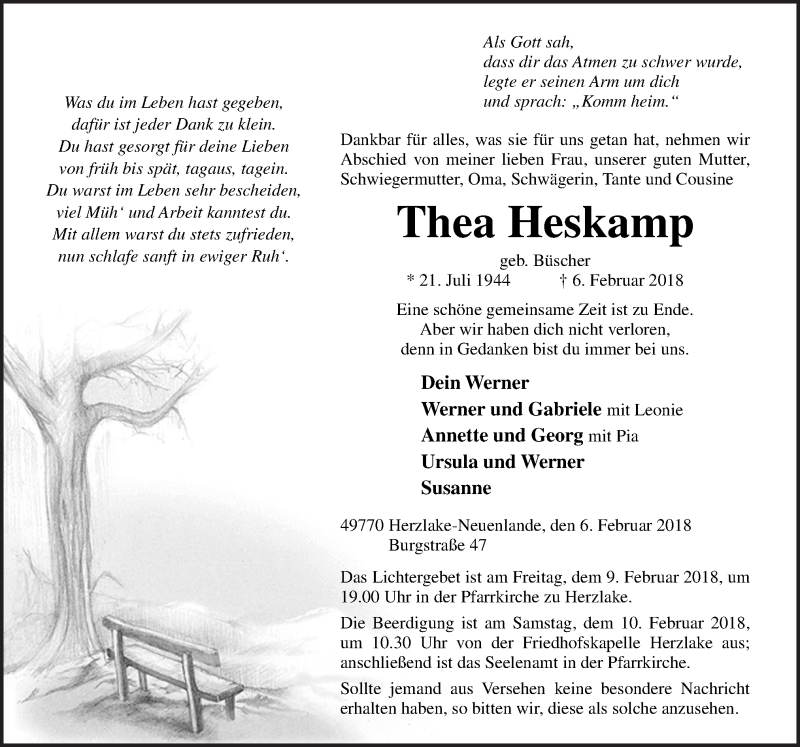  Traueranzeige für Thea Heskamp vom 08.02.2018 aus Neue Osnabrücker Zeitung GmbH & Co. KG