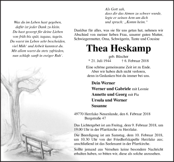 Traueranzeige von Thea Heskamp von Neue Osnabrücker Zeitung GmbH & Co. KG