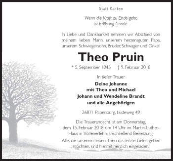 Traueranzeige von Theo Pruin von Neue Osnabrücker Zeitung GmbH & Co. KG
