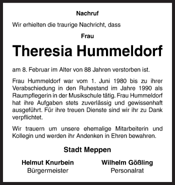 Traueranzeige von Theresia Hummeldorf von Neue Osnabrücker Zeitung GmbH & Co. KG
