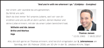 Traueranzeige von Thomas Jansen von Neue Osnabrücker Zeitung GmbH & Co. KG