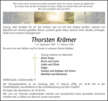 Traueranzeige von Thorsten Krämer von Neue Osnabrücker Zeitung GmbH & Co. KG