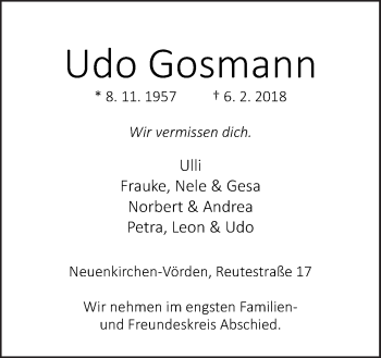 Traueranzeige von Udo Gosmann von Neue Osnabrücker Zeitung GmbH & Co. KG