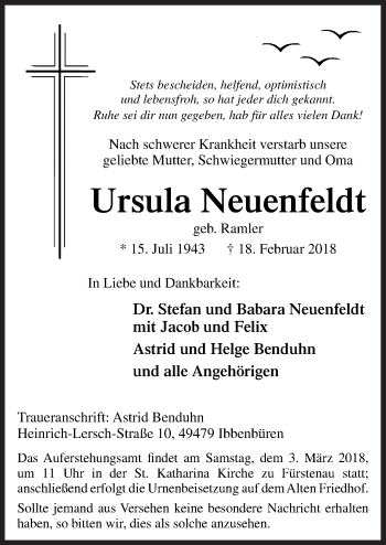 Traueranzeige von Ursula Neuenfeldt von Neue Osnabrücker Zeitung GmbH & Co. KG