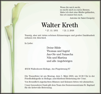 Traueranzeige von Walter Kreth von Neue Osnabrücker Zeitung GmbH & Co. KG