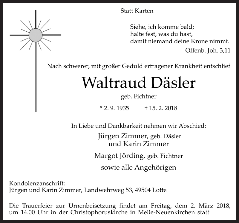  Traueranzeige für Waltraud Däsler vom 24.02.2018 aus Neue Osnabrücker Zeitung GmbH & Co. KG