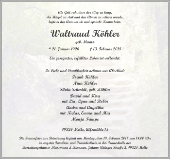 Traueranzeige von Waltraud Köhler von Neue Osnabrücker Zeitung GmbH & Co. KG
