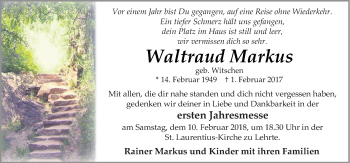 Traueranzeige von Waltraud Markus von Neue Osnabrücker Zeitung GmbH & Co. KG