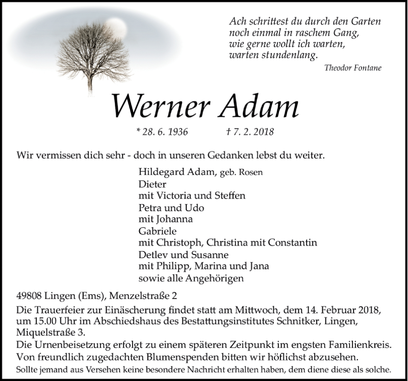  Traueranzeige für Werner Adam vom 10.02.2018 aus Neue Osnabrücker Zeitung GmbH & Co. KG