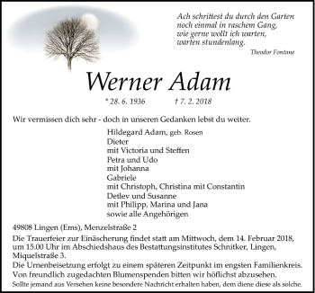 Traueranzeige von Werner Adam von Neue Osnabrücker Zeitung GmbH & Co. KG