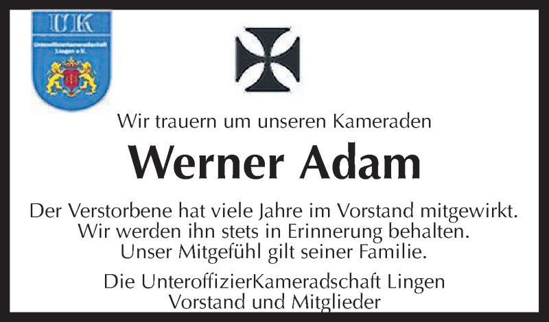  Traueranzeige für Werner Adam vom 14.02.2018 aus Neue Osnabrücker Zeitung GmbH & Co. KG
