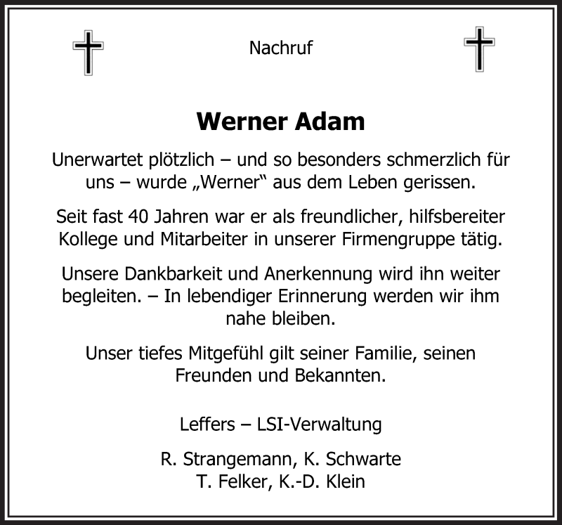  Traueranzeige für Werner Adam vom 17.02.2018 aus Neue Osnabrücker Zeitung GmbH & Co. KG