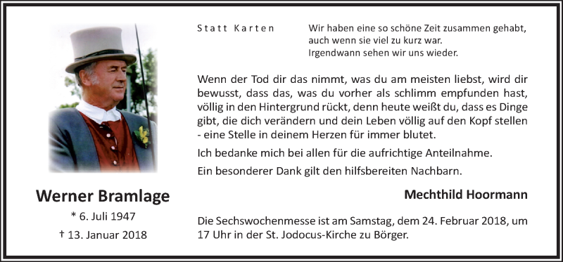  Traueranzeige für Werner Bramlage vom 21.02.2018 aus Neue Osnabrücker Zeitung GmbH & Co. KG