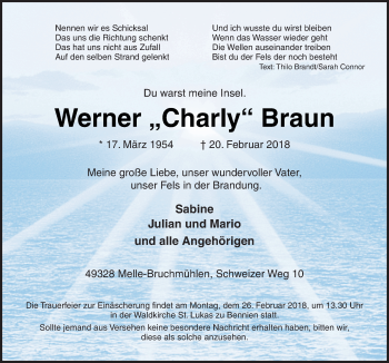 Traueranzeige von Werner Braun von Neue Osnabrücker Zeitung GmbH & Co. KG
