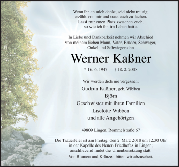 Traueranzeige von Werner Kaßner von Neue Osnabrücker Zeitung GmbH & Co. KG