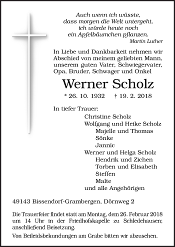 Traueranzeige von Werner Scholz von Neue Osnabrücker Zeitung GmbH & Co. KG