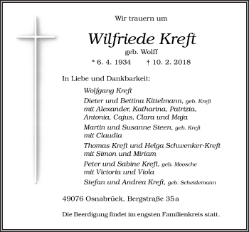 Traueranzeige von Wilfriede Kreft von Neue Osnabrücker Zeitung GmbH & Co. KG