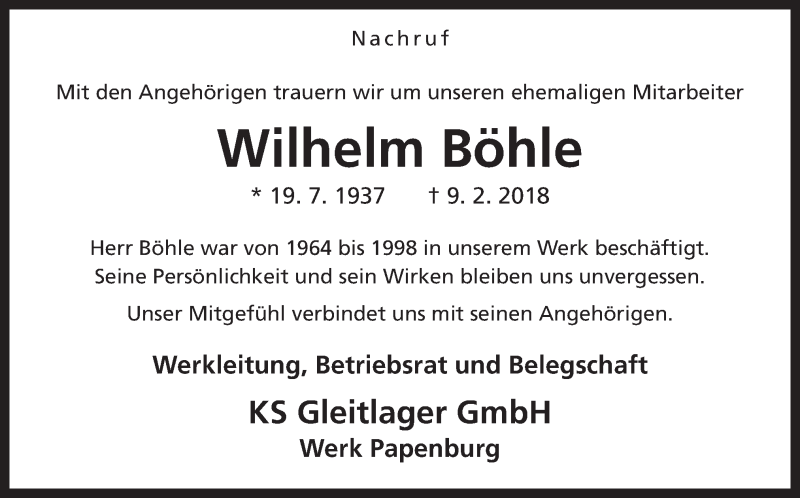  Traueranzeige für Wilhelm Böhle vom 16.02.2018 aus Neue Osnabrücker Zeitung GmbH & Co. KG