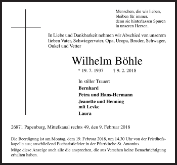 Traueranzeige von Wilhelm Böhle von Neue Osnabrücker Zeitung GmbH & Co. KG