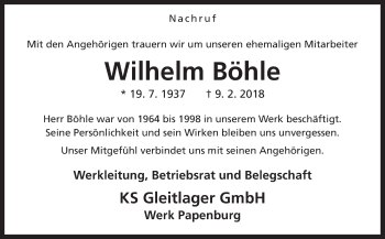 Traueranzeige von Wilhelm Böhle von Neue Osnabrücker Zeitung GmbH & Co. KG
