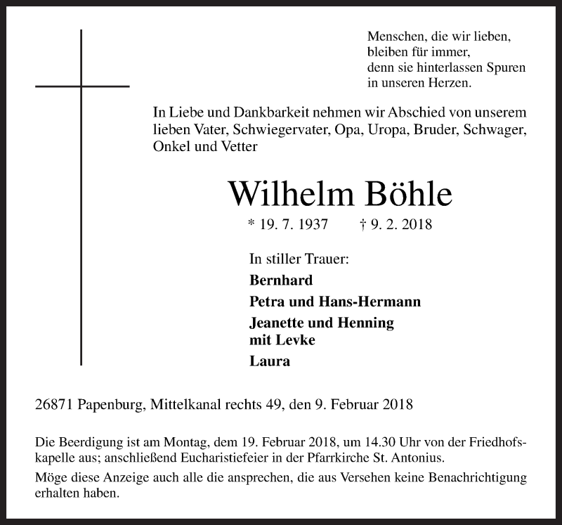  Traueranzeige für Wilhelm Böhle vom 12.02.2018 aus Neue Osnabrücker Zeitung GmbH & Co. KG