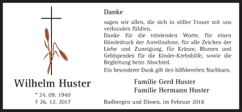 Traueranzeige von Wilhelm Huster von Neue Osnabrücker Zeitung GmbH & Co. KG