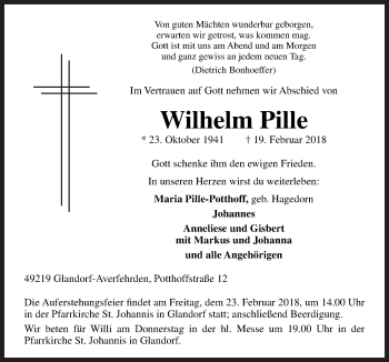Traueranzeige von Wilhelm Pille von Neue Osnabrücker Zeitung GmbH & Co. KG