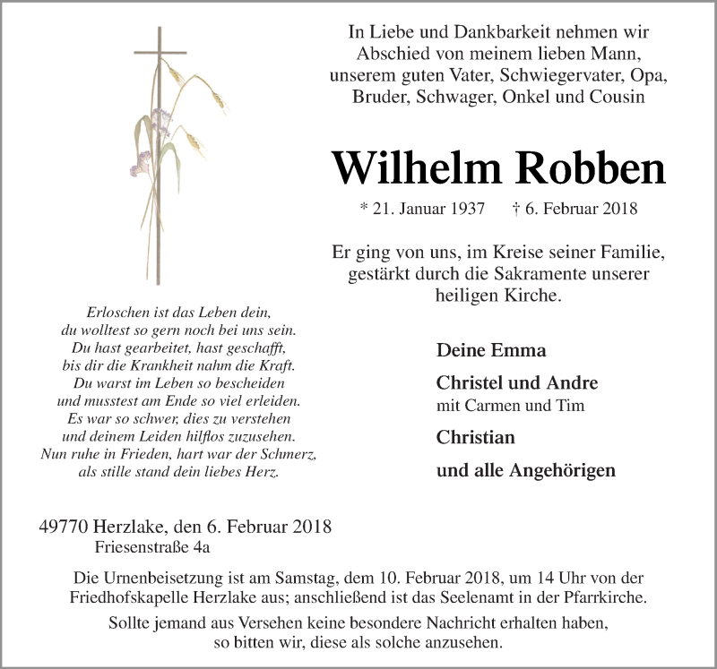  Traueranzeige für Wilhelm Robben vom 09.02.2018 aus Neue Osnabrücker Zeitung GmbH & Co. KG