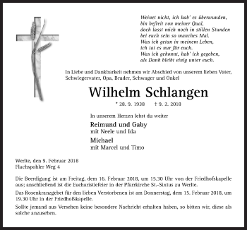 Traueranzeige von Wilhelm Schlangen von Neue Osnabrücker Zeitung GmbH & Co. KG