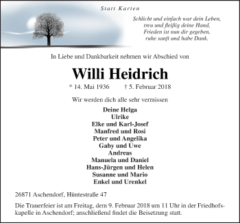 Traueranzeige von Willi Heidrich von Neue Osnabrücker Zeitung GmbH & Co. KG